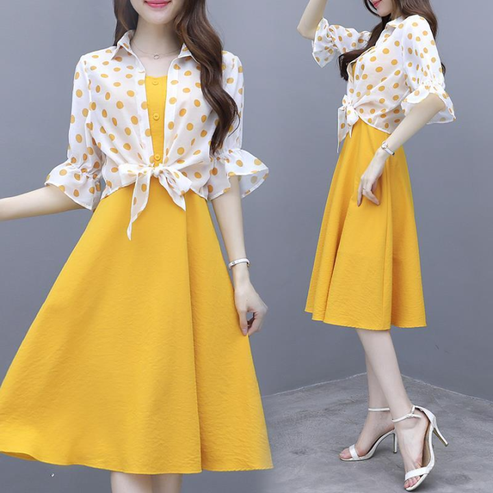 Women Chiffon Aline Dress Korean Style 2 Piece Set Dresses Lady Elegant