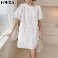 VONDA ชุดเดรสสั้นแขนพองคอกลมผู้หญิงทรงหลวมสีล้วน (ลำลองเกาหลี)