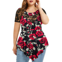 Plus Size Lady Flowers Shirt Women Colorful Shirt Womens Summer Casual Tops Dressy O Neck Short Sleeve Tunics Lace Blouse Shirts