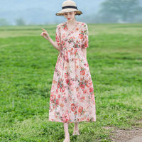 Factory Outlet Cotton And Linen Dresses In Summer New Floral Retro Large Size WomenS Loose Waist, Thin Waist