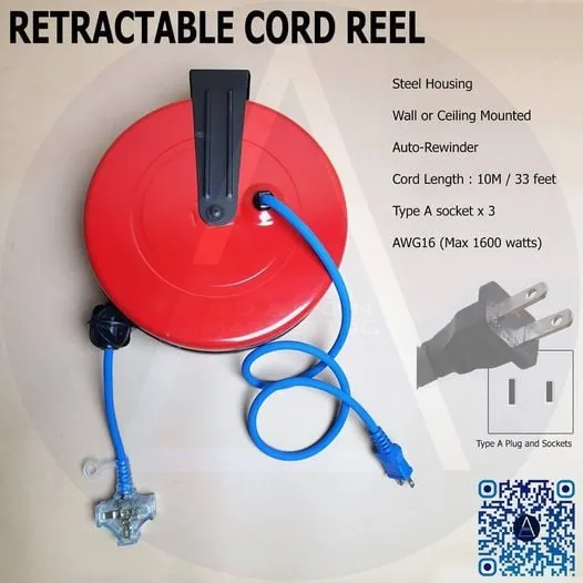 Retractable Extension Cord Reel 10 meters Electric Cord Reel