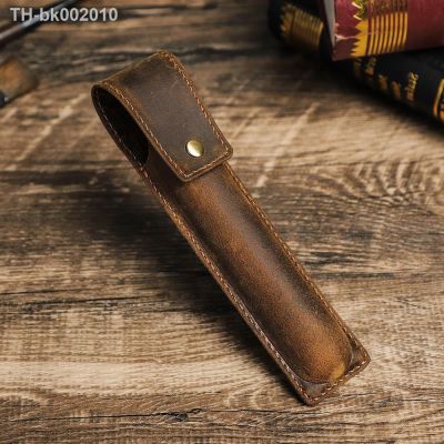 ☾◐ Handmade Cowhide Pen Holder For 1 2 3 Pens Crazy Horse Leather Pencil Case Pouch Storage Bag Stationery School Office Supplies