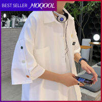 MOQOOL เสื้อเชิ้ตแขนสั้นกระดุมแถวบางสำหรับผู้ชาย,เสื้อแจ็คเก็ตแขน5/4ทรงหลวมลำลองและอเนกประสงค์