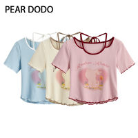 PEAR DODO เสื้อยืดแขนสั้นกลวงลายคอสั้นถักแบบเกาหลีสำหรับผู้หญิง