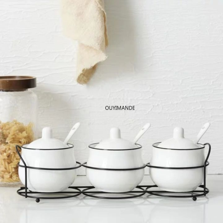 nordic-ceramic-salt-pepper-tank-set-cruet-seasoning-jar-with-iron-holder-spoon-condiment-sugar-spice-storage-box-cooking-tools