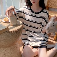 COD Summer modal pajamas womens striped short-sleeved shorts thin simple style suit (with chest pad)