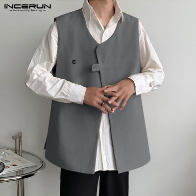 INCERUN เสื้อแขนกุดสำหรับผู้ชายเสื้อโค้ทเสื้อกั๊กลำลองติดกระดุมเสื้อแจ็คเก็ตเสื้อ (สไตล์เกาหลี)