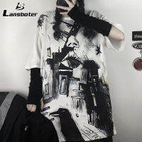 Lansboter เสื้อยืดผู้ชายวินเทจหลวมขนาดใหญ่กราฟฟิตีเสื้อยืดแขนสั้นชุดคู่รักด้านบน