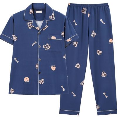 MUJI High quality pajamas mens summer high-end pajamas thin section short-sleeved large size loose cardigan pajamas combed cotton home clothes suit