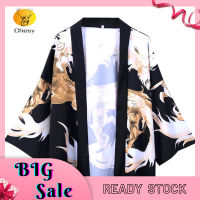 เสื้อเชิ้ตแขนสามส่วนลำลองทรงหลวมพิมพ์ลายมังกรเสื้อคาร์ดิแกน Kimono ญี่ปุ่นเสื้อลำลองฤดูร้อน