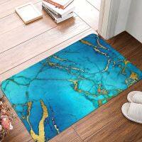 【ปัจจุบัน】 Teal Blue Marble และ Gold Glitter Veins พรมเช็ดเท้าพรมปูพื้นพรม Footpad Bath Mat Anti Slip Entrance Kitchen Bedroom Washable