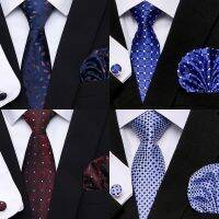 【Hot Sale】embellishembellishเกรดขายส่ง7.5ซม. BirthdayTie Hanky Cufflink ชุด Tie เนคไท Hombre พิมพ์ BlueGroup