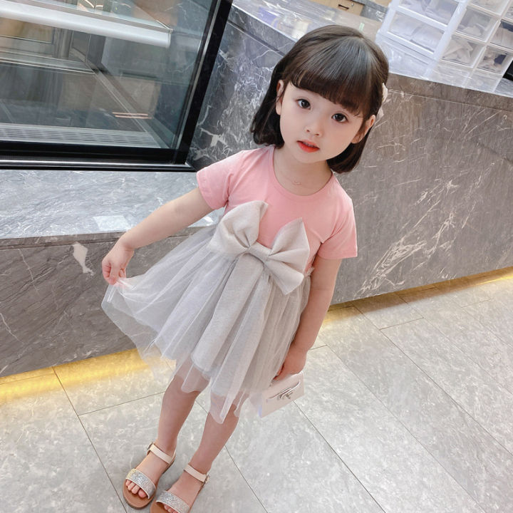 lovily-ชุดเดรสเด็กหญิง2022สาวผ้าฝ้ายบริสุทธิ์แขนสั้นชุดเจ้าหญิงเกาหลีฤดูร้อนอินเทรนด์พัดลม-yangqi-ตาข่ายกระโปรง-drop