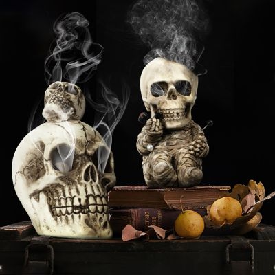 Resin Incense Burner Skull Figurine Sculpture Incense Stick Holder Skeleton Head Incense Cones Ornament Home Decor Gifts