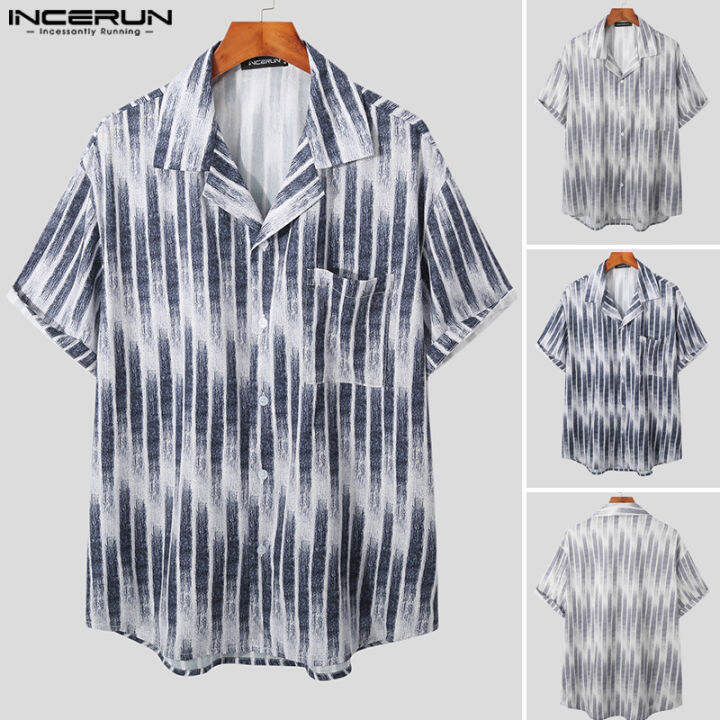 incerun-เสื้อพิมพ์ลายคอวีแขนสั้นสำหรับผู้ชายเสื้อใส่เดินชายหาดสำหรับวันหยุดเสื้อทีออฟ-สไตล์เกาหลี