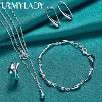 URMYLADY 925เงินสเตอร์ลิง Waterdrop สร้อยข้อมือสร้อยคอแหวนต่างหูชุดเครื่องประดับสำหรับผู้หญิงงานแต่งงานแฟชั่น Charm Gift