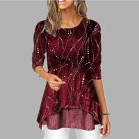 Print O-Neck Women Blouses Tunic 3/4 Sleeve Slim Spring Summer Ladies Blouse 2021 Casual Irregular Hem Female Tops Pullover