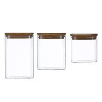 3Pcs Square Glass Sealed Jar Food Dry Fruit Storage Box Tea Miscellaneous Grain Kitchen Glass Bottle Bamboo Lid Seal