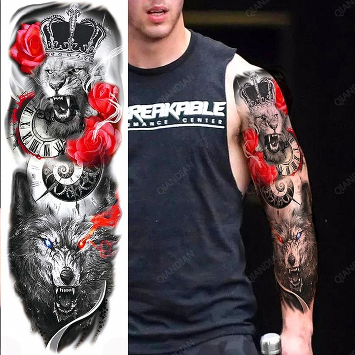 yf-80pcs-wholesales-full-arm-temporary-tattoo-forest-lion-wolf-skull-man-women-gun-flower-sexy-waterproof-body-leg-art-sticker