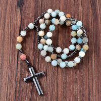 8mm Natural Stone Frosted Amazonite Catholic Christ Rosary Necklaces Hematite Cross Pendant Necklace Women Jewelry Drop shipping