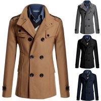 Mens Double Breasted Coat 2022ฤดูหนาวผ้าขนสัตว์ผสมสีทึบลำลองแฟชั่น Slim Trench เสื้อแจ็คเก็ตชายเสื้อผ้า