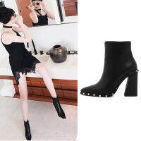 Star with the same paragraph handsome round rivet decoration pointed toe thick heel high-heeled ankle boots 3787