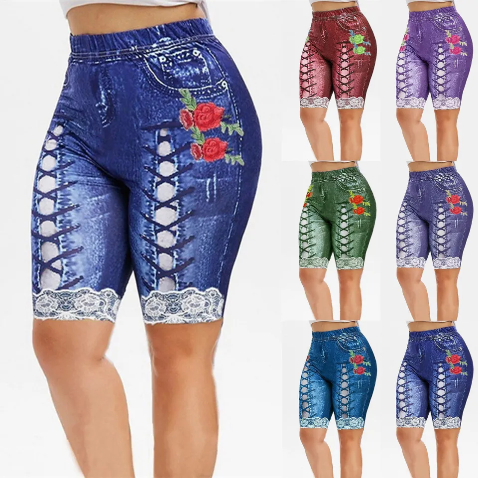 Limea Women's Shorts Cowboy Printed Leggings Jeans High Waist Slim