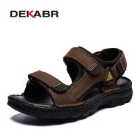 DEKABR Men Genuine Leather Sandals Summer Beach Breathable Fisherman Shoes Slipper Style Soft Bottom Flat Shoes Plus Size 38~48 House Slippers