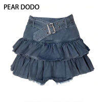 PEAR DODO เอวสูงขอบคลื่นเกาหลีกระโปรงสั้น A-Line สำหรับผู้หญิง