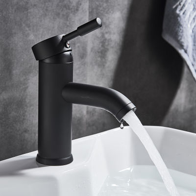 Matte Black Single Handle Cold Hot Water Basin Faucet Bathroom Cabinet Faucet Contracted Basin Faucet Deck Mounted