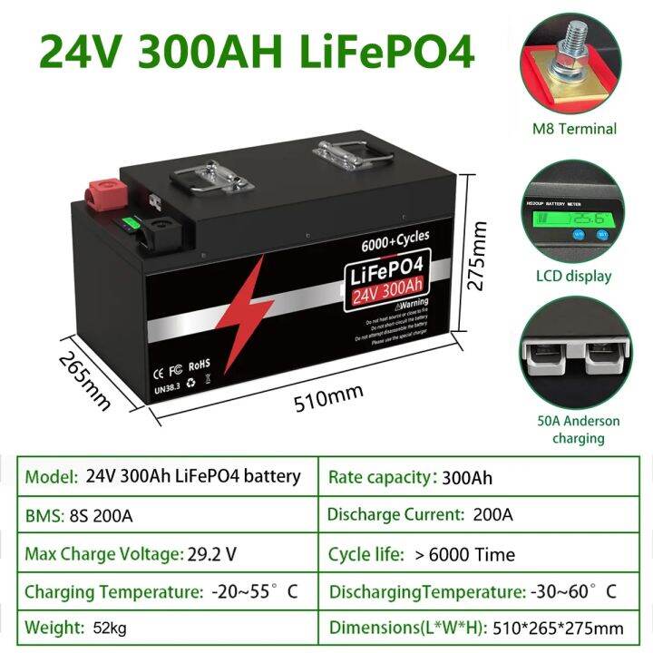 24V 300Ah Lifepo4 Battery 200Ah 100Ah Lithium Batteri Buletooth BMS ...