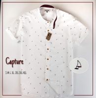 Capture Shirt เสื้อเชิ้ตผู้ชาย คอจีน แขนสั้น oxford ลายเรือใบ สีขาว มีถึงอก 48 นิ้ว