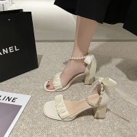 Beige Heeled Sandals Comfort Shoes for Women 2023 Summer Black Bow Low Fashion New Pearl Girls Clear High Block Butterfly-knot S