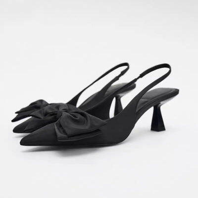 za womens shoes 2023 early spring new black bow detail slingback high-heeled shoes with pointed shoes sandals