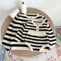 (KTL)Autumn Family Matching Outfits Baby Striped Sweater Coat Shorts Set Mum Knitted Cardigan Parent-Child Wear