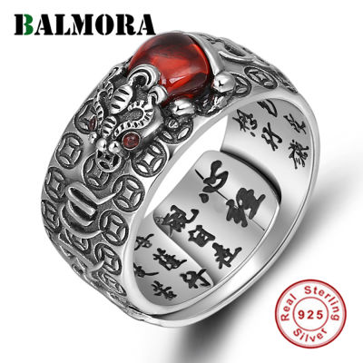BALMORA Red Garnet Stone Rings for Men Women 925 Sterling Silver Jewelry Chinese Pixiu Finger Ring Best Christmas Gift JWJZR028