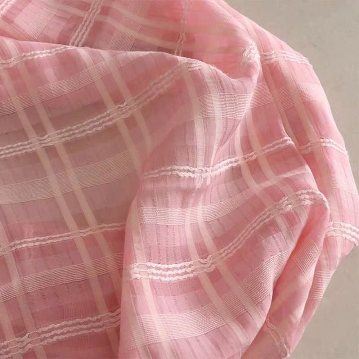 เสื้อฮันฟูลายตารางแบบกึ่งซึมผ่านได้-ผ้าฝ้ายผ้าลายสก็อตผ้า-cheongsam-ที่ระบายอากาศได้สีชมพูสีกรมท่าสำหรับฤดูร้อน