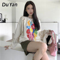 Du YAN สเวตเตอร์ผู้หญิง,สเวตเตอร์ออกแบบรอบคอหลุมทรงหลวมพิมพ์ลายสีผ้าฝ้าย