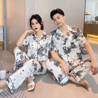 Fiklyc Plus Size Women Men Printed Casual Couples Short Sleeve Summer Pajamas Sets Luxury Satin Sleep Home Clothing High Grade