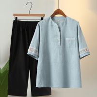 【มีไซส์ใหญ่】Plus Size 2XL-7XL Womens 2 Pieces Summer Sets Short Sleeve Top + 8/10 Elastic Waist Pants Female Suits