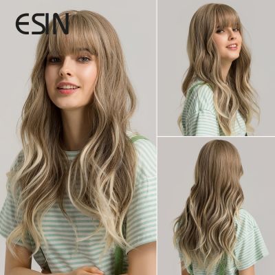 ESIN Synthetic Hair Grey and Brown Ombre to Blonde Long Water Wave Wigs with Bangs Daily Natural Wig for Women Heat Resistant
