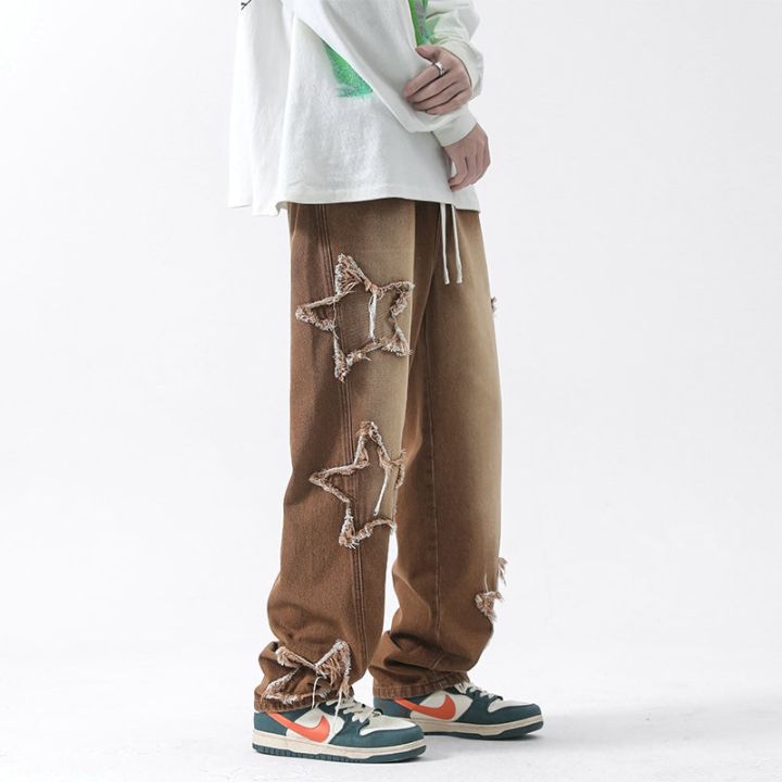 เสื้อผ้าแนวสตรีทของผู้ชาย-y2k-กางเกงขาทรงกระบอกกางเกงยีนส์ฮิปฮอปเสื้อเกาหลีชายกางเกงยีนส์ขาบานหญิง