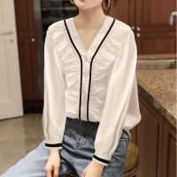 White Shirt Women Long Sleeve V Neck Blouse Fashion Simple Temperament Office Korean Top