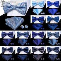 ☫ Hi-Tie Navy Royal Sky Blue Silk Mens Bow Tie Hankerchief Cufflinks Set Pre-tied Butterfly Knot Bowtie for Male Wedding Business