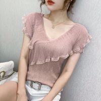 COD DSFERTRETRE New V-neck Ice Silk Knitted T-shirt Womens Net Yarn Ruffled Short-sleeved Shirt Thin