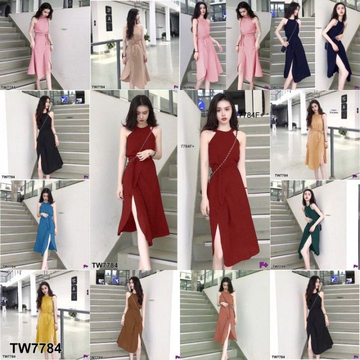 7784-เดรสสั้น-มีหลายสี-กระโปรงผ่าหน้า-มีผ้าผูกเอว-สีพื้น-แขนกุด-เสื้อผ้าแฟชั่น-ชุดเที่ยว-ชุดเดรสออกงาน