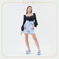 Kloset Ruched Puff Sleeves Crop Top (RS21-T003) เสื้อแฟชั่น เสื้อผ้าพื้น เสื้อแขนยาว เสื้อแต่งระบายแขน เสื้อแต่งดีเทลปัก เสื้อผ้าแฟชั่น