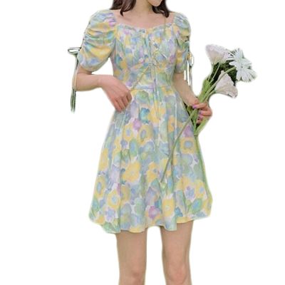 ผู้หญิง Drawstring แขนสั้นพิมพ์ลายดอกไม้ Mini Swing Dress สไตล์ฝรั่งเศส Retro Square คอ Lace-Up ด้านหน้า A-Line Sundress