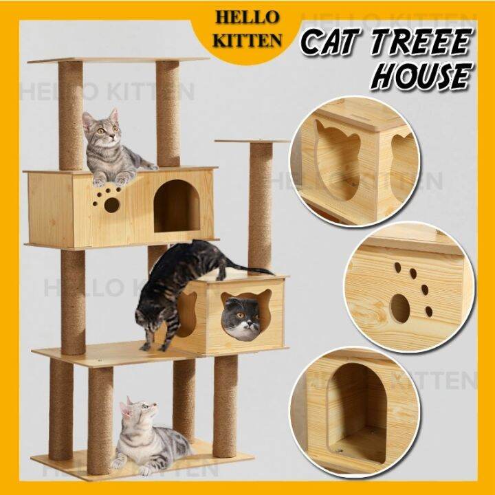 ஐ HK Premium Large Cat Tree House Wood Cat Condo Bed Scratcher House