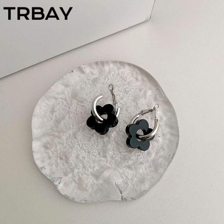 trbay-โปร่งทะลุต่างหูห่วงดอกไม้สีดำแบบเกาหลีรูปดอกไม้ทำจากเรซินชุบโรเดียมรูปต่างหูรูปหยดน้ำสำหรับเด็กผู้หญิง
